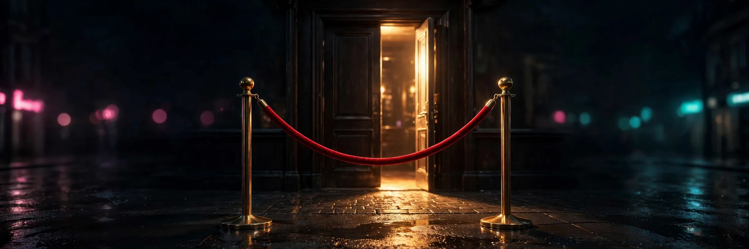 Illustration: a red velvet rope between brass posts before a glowing doorway, representing members-only GTA 6 guides