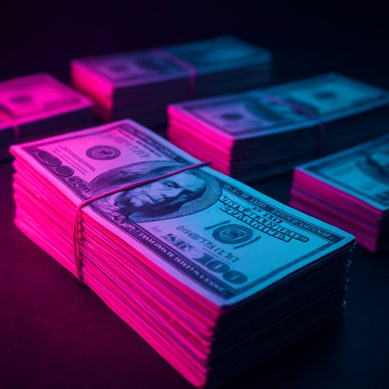 Stacks of neon-lit cash representing GTA 6 wealth