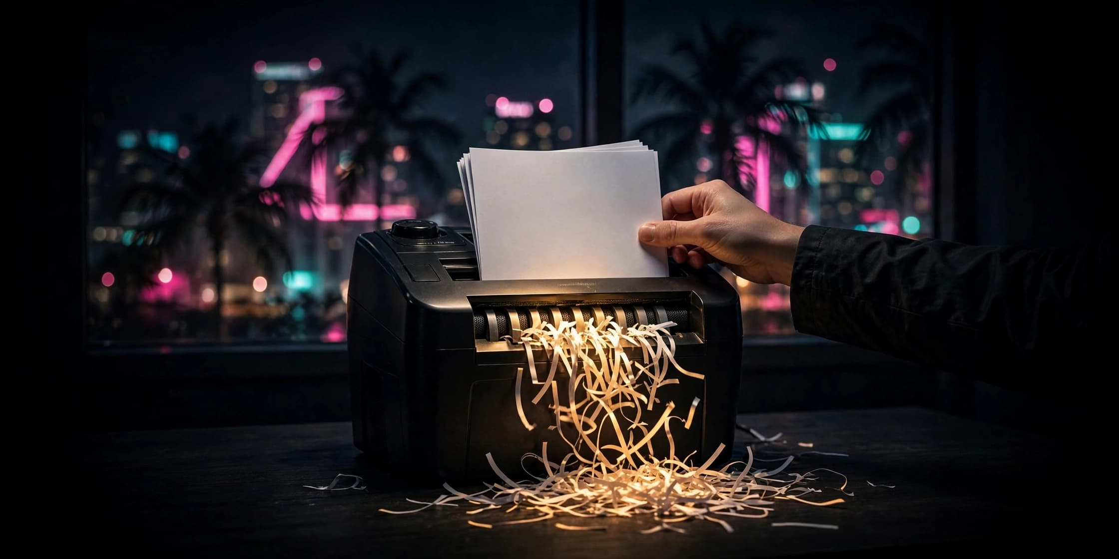 Illustration: a hand feeding documents into a paper shredder under neon light, representing the deleted GTA 6 PEGI listing
