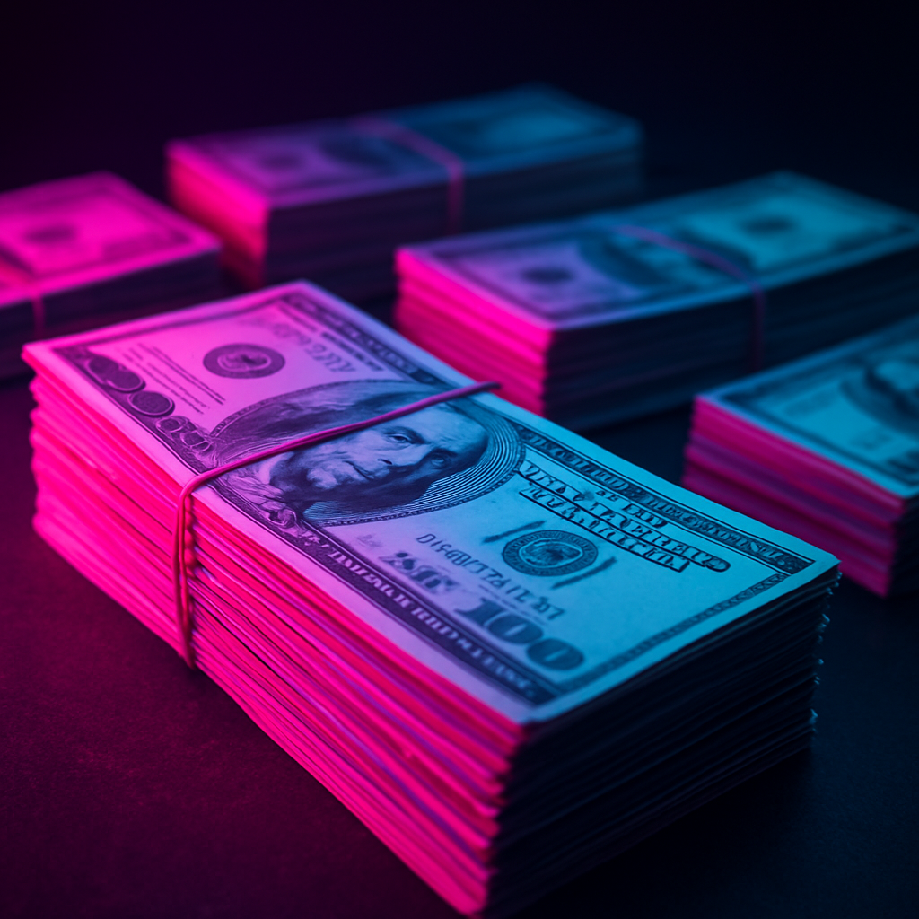 Stacks of neon-lit cash representing GTA 6 wealth